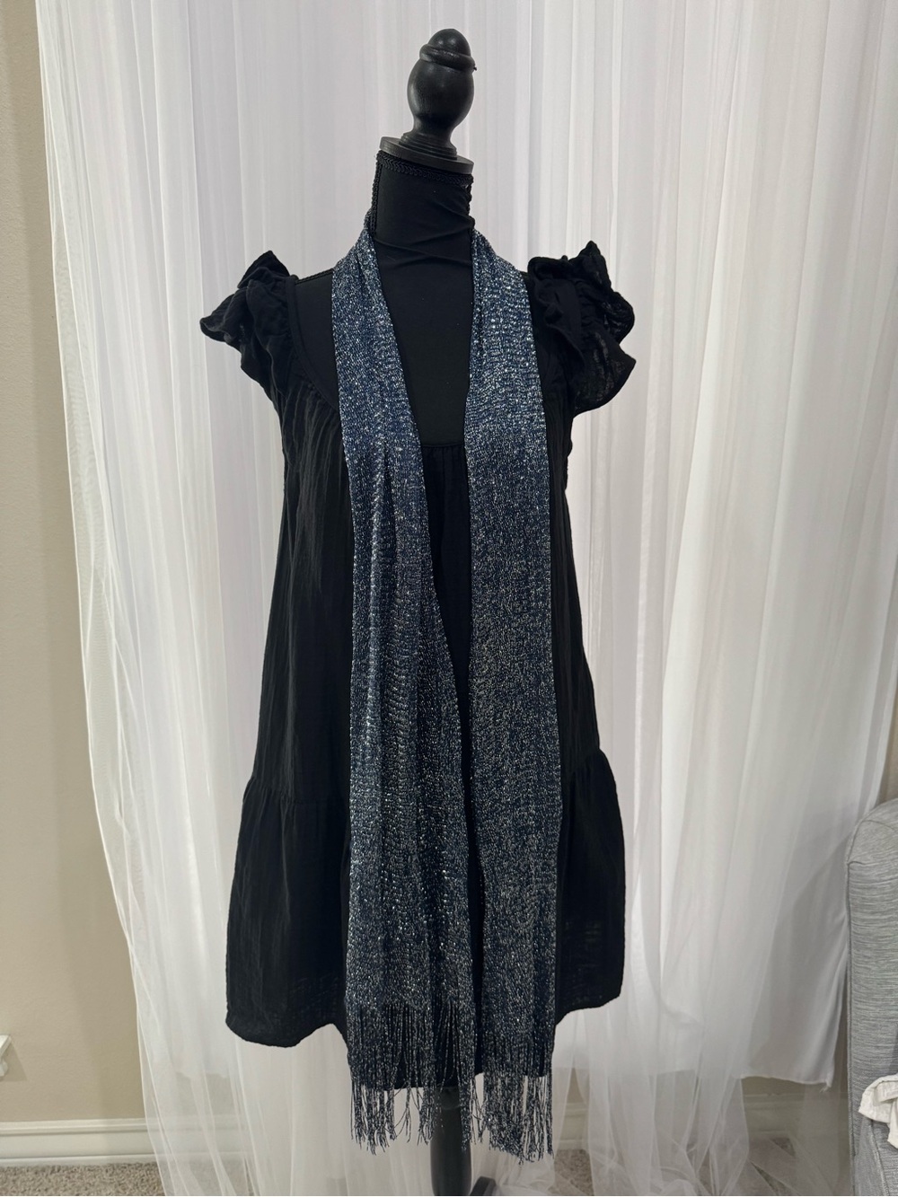 2 Metallic Navy & Black Fringe Scarf